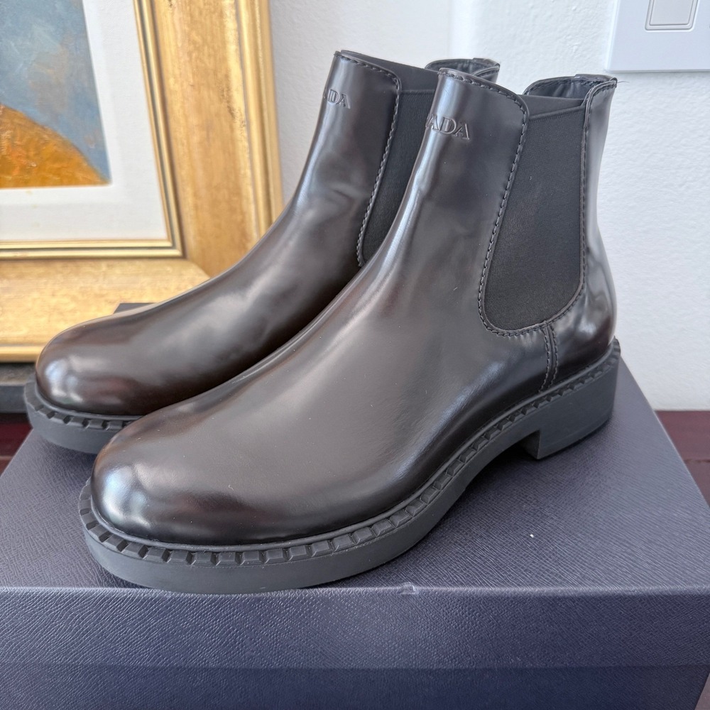 Prada 2TE168 Spazzolato Leather Chelsea Ankle Boots Mens Brown Lug Sole UK8.5 - Picture 3 of 14